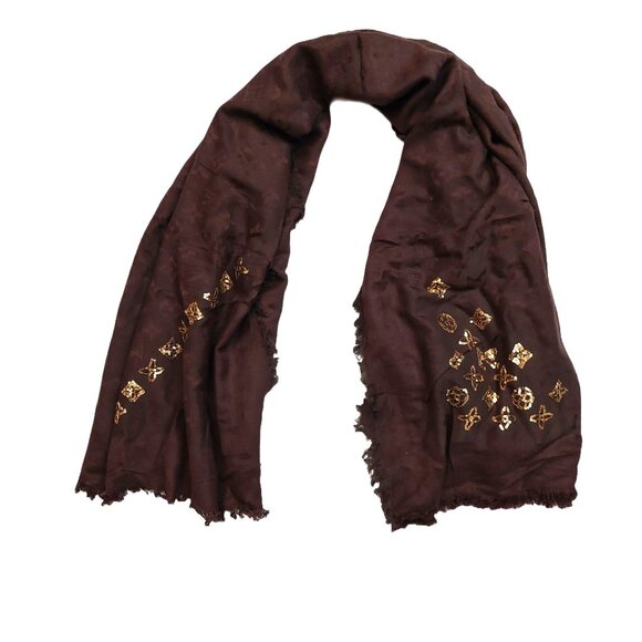 LOUIS VUITTON LV Vintage Brown with Gold Sequin Silk Wool Scarf Shawl Wrap - Picture 1 of 9